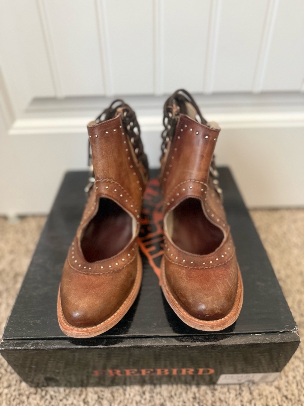 freebird Brown Studded Leather Cutout Heeled Booties